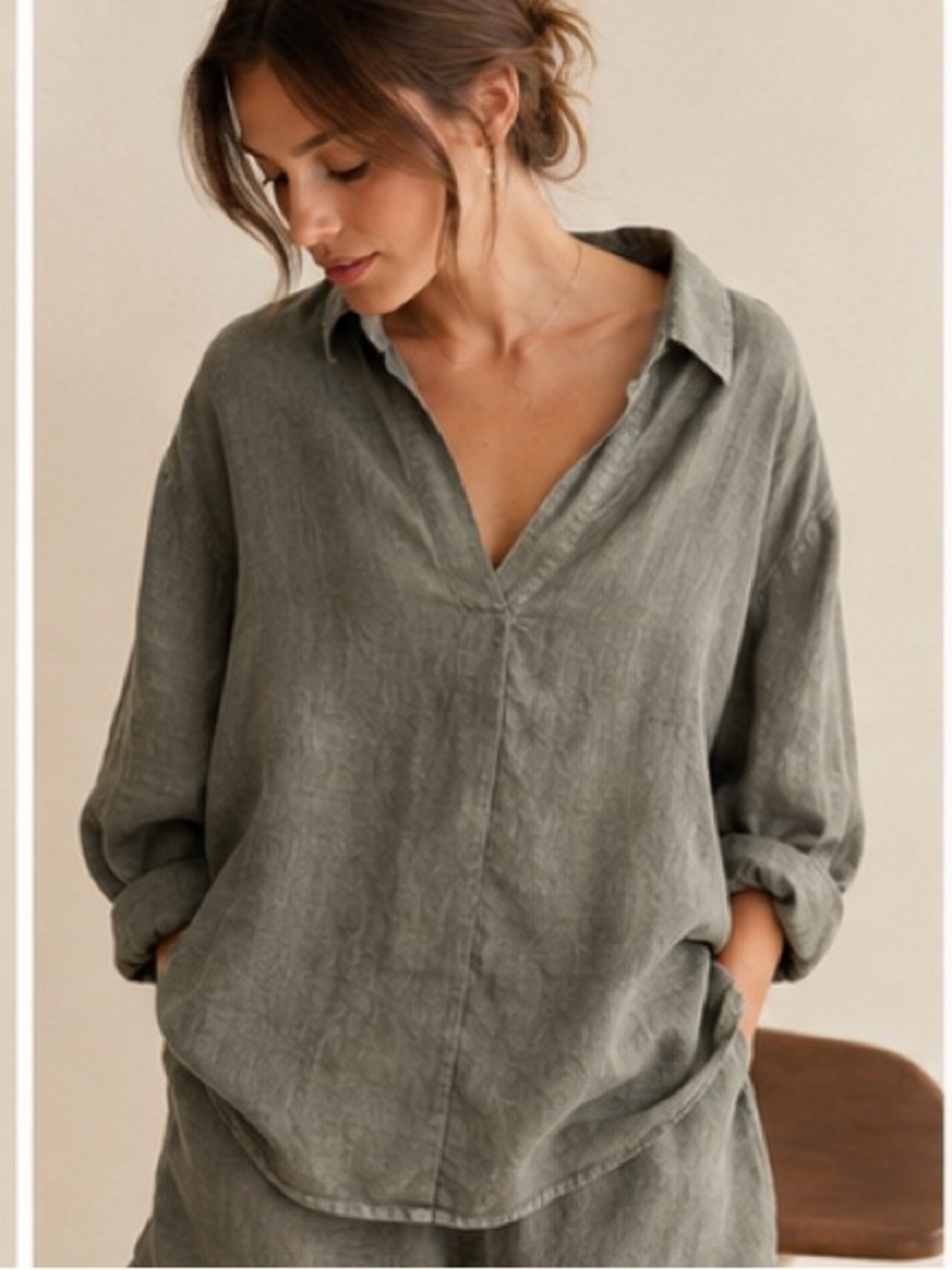 Suzy D London 100% Linen Dolman Top Moss Green Gray Size small Medium oversized